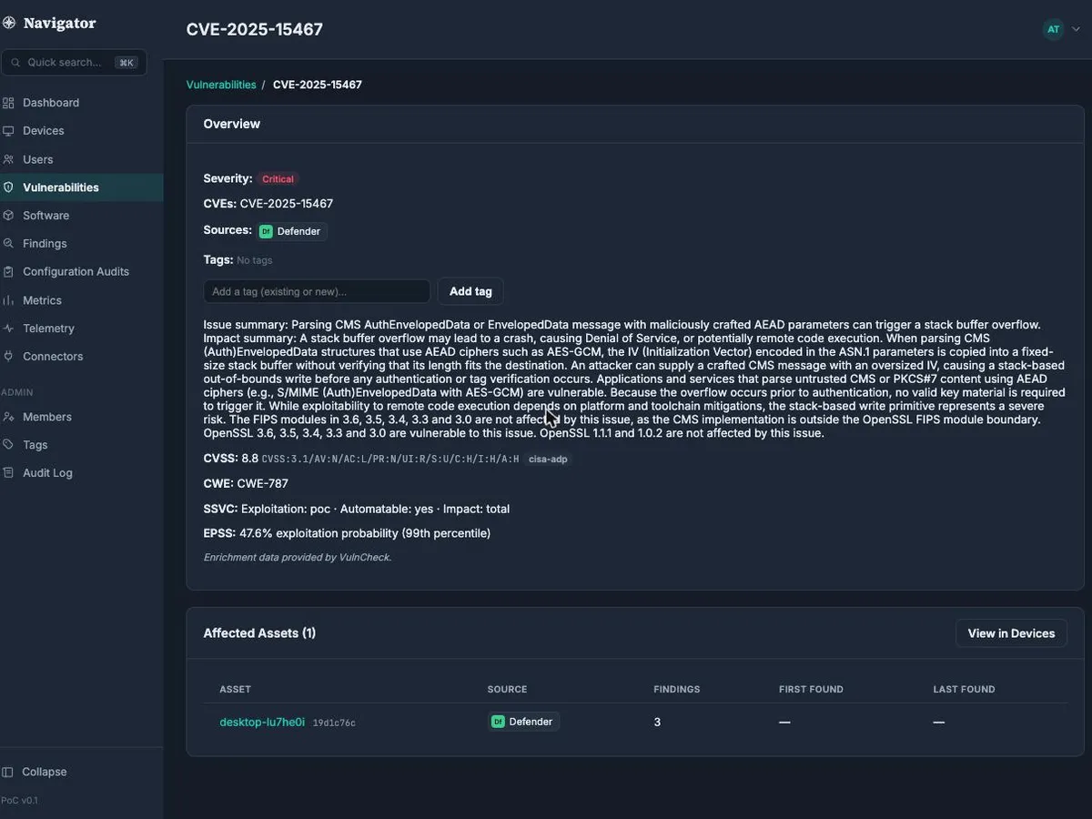 Navigator Vulnerabilities screen